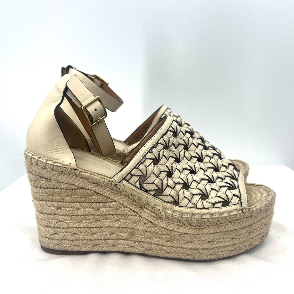 Tory Burch Woven Leather Espadrille Platform Wedge Sandals Ivory Cream 7.5 M